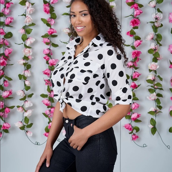 White and Black Polka Dot Button Top - Picture 2 of 7